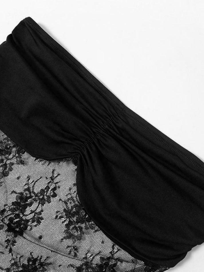 Y2K Aesthetic Lace Splice Shirred Smock Long Sleeve Tee - Coquette & Grunge Style Y2K Aesthetic Lace Splice Shirred Smock Long Sleeve Tee - Coquette & Grunge Style