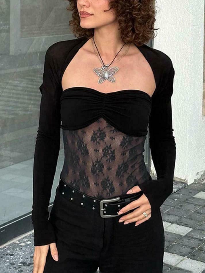 Y2K Aesthetic Lace Splice Shirred Smock Long Sleeve Tee - Coquette & Grunge Style Y2K Aesthetic Lace Splice Shirred Smock Long Sleeve Tee - Coquette & Grunge Style