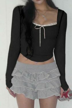Y2K Aesthetic Lace Splice Tie Front Square Neck Long Sleeve Knit Top
