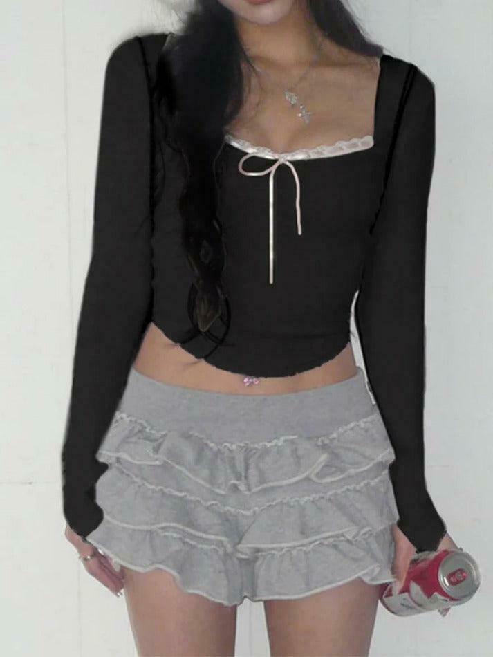 Y2K Aesthetic Lace Splice Tie Front Square Neck Long Sleeve Knit Top Y2K Aesthetic Lace Splice Tie Front Square Neck Long Sleeve Knit Top