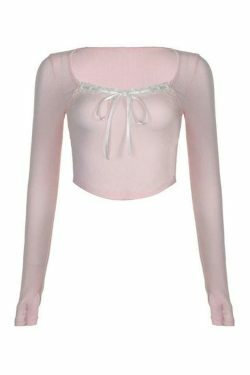 Y2K Aesthetic Lace Splice Tie Front Square Neck Long Sleeve Knit Top