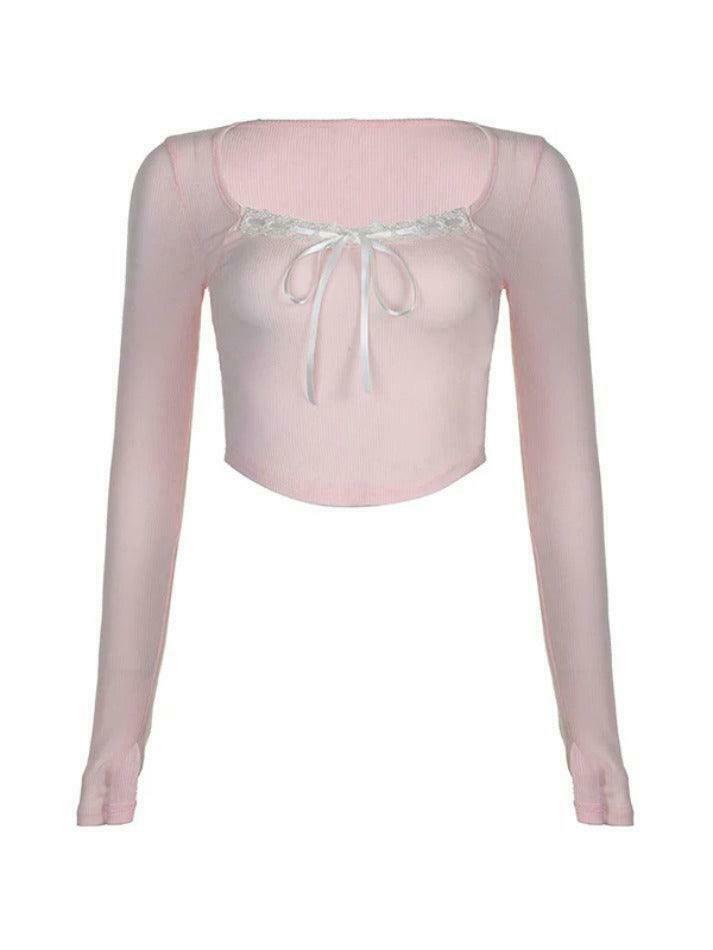 Y2K Aesthetic Lace Splice Tie Front Square Neck Long Sleeve Knit Top Y2K Aesthetic Lace Splice Tie Front Square Neck Long Sleeve Knit Top