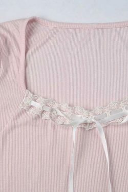 Y2K Aesthetic Lace Splice Tie Front Square Neck Long Sleeve Knit Top