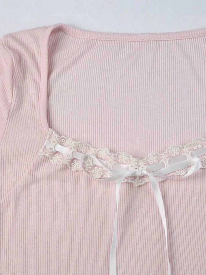 Y2K Aesthetic Lace Splice Tie Front Square Neck Long Sleeve Knit Top Y2K Aesthetic Lace Splice Tie Front Square Neck Long Sleeve Knit Top