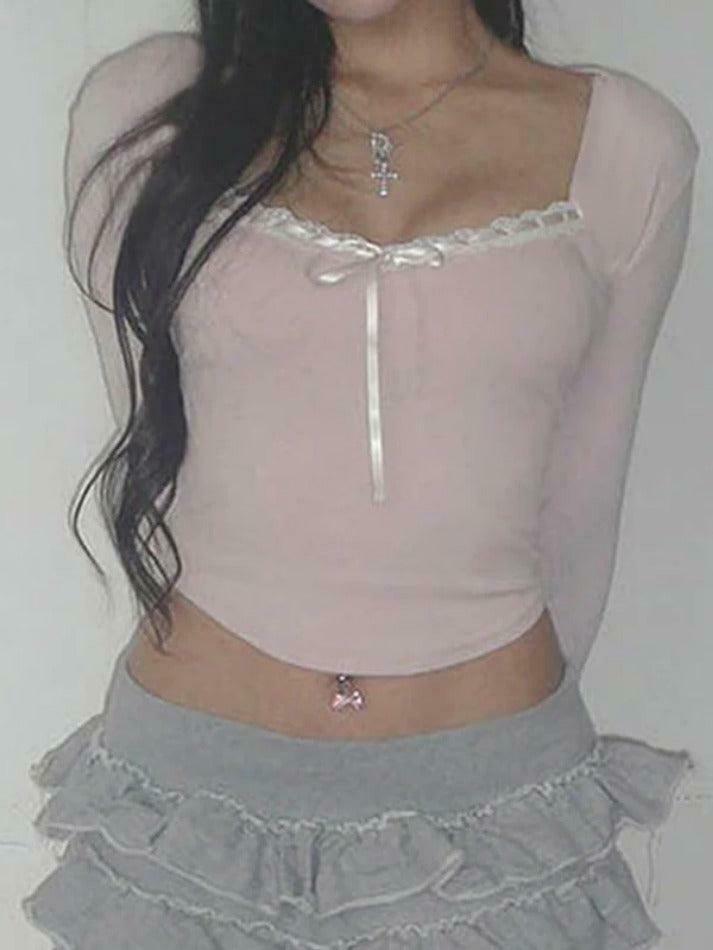 Y2K Aesthetic Lace Splice Tie Front Square Neck Long Sleeve Knit Top Y2K Aesthetic Lace Splice Tie Front Square Neck Long Sleeve Knit Top