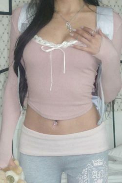 Y2K Aesthetic Lace Splice Tie Front Square Neck Long Sleeve Knit Top