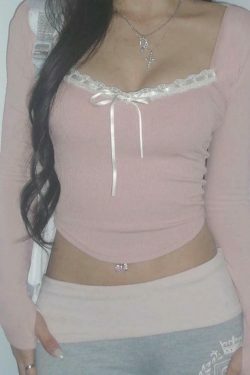 Y2K Aesthetic Lace Splice Tie Front Square Neck Long Sleeve Knit Top