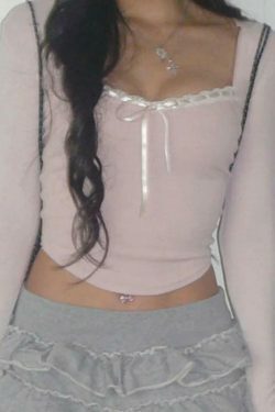 Y2K Aesthetic Lace Splice Tie Front Square Neck Long Sleeve Knit Top