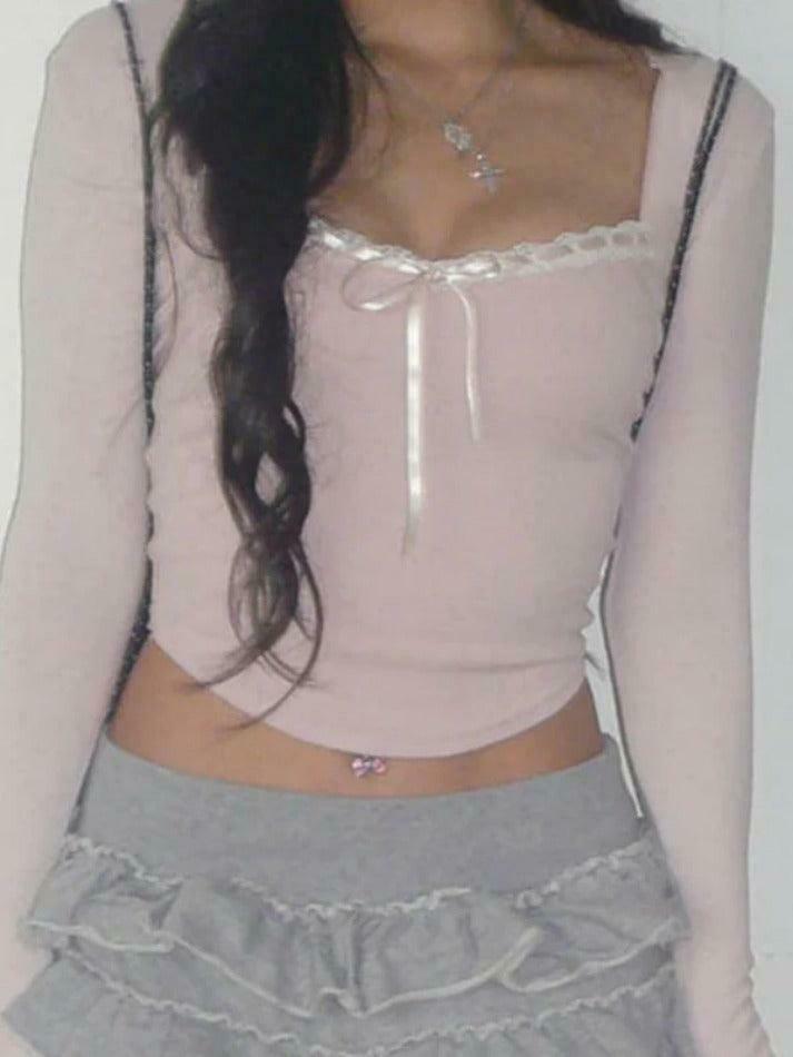 Y2K Aesthetic Lace Splice Tie Front Square Neck Long Sleeve Knit Top Y2K Aesthetic Lace Splice Tie Front Square Neck Long Sleeve Knit Top