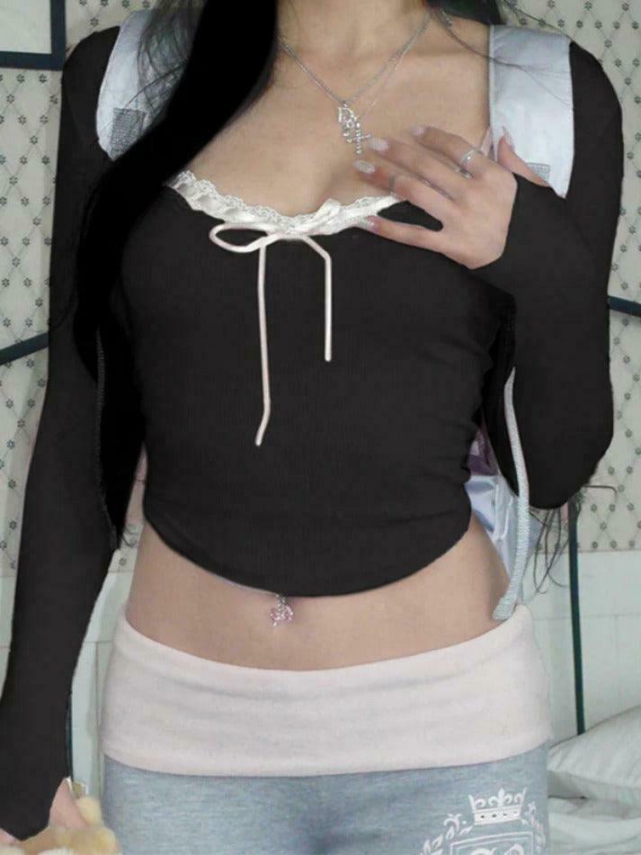 Y2K Aesthetic Lace Splice Tie Front Square Neck Long Sleeve Knit Top Y2K Aesthetic Lace Splice Tie Front Square Neck Long Sleeve Knit Top