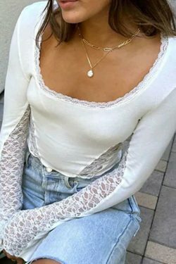 Y2K Aesthetic Lace Splice U Neck Cropped Long Sleeve Tee - Coquette & Grunge Style Women's