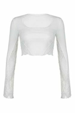 Y2K Aesthetic Lace Splice U Neck Cropped Long Sleeve Tee - Coquette & Grunge Style Women's