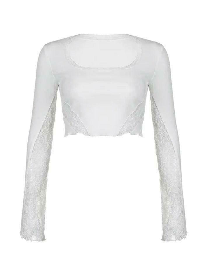 Y2K Aesthetic Lace Splice U Neck Cropped Long Sleeve Tee - Coquette & Grunge Style Women's Y2K Aesthetic Lace Splice U Neck Cropped Long Sleeve Tee - Coquette & Grunge Style Women's