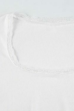 Y2K Aesthetic Lace Splice U Neck Cropped Long Sleeve Tee - Coquette & Grunge Style Women's