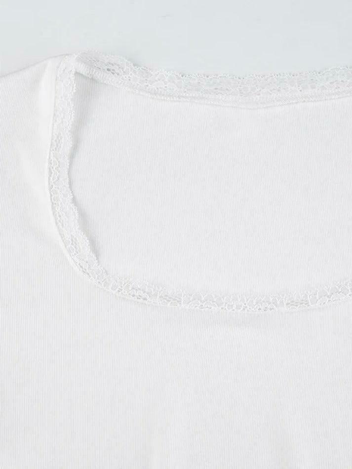 Y2K Aesthetic Lace Splice U Neck Cropped Long Sleeve Tee - Coquette & Grunge Style Women's Y2K Aesthetic Lace Splice U Neck Cropped Long Sleeve Tee - Coquette & Grunge Style Women's