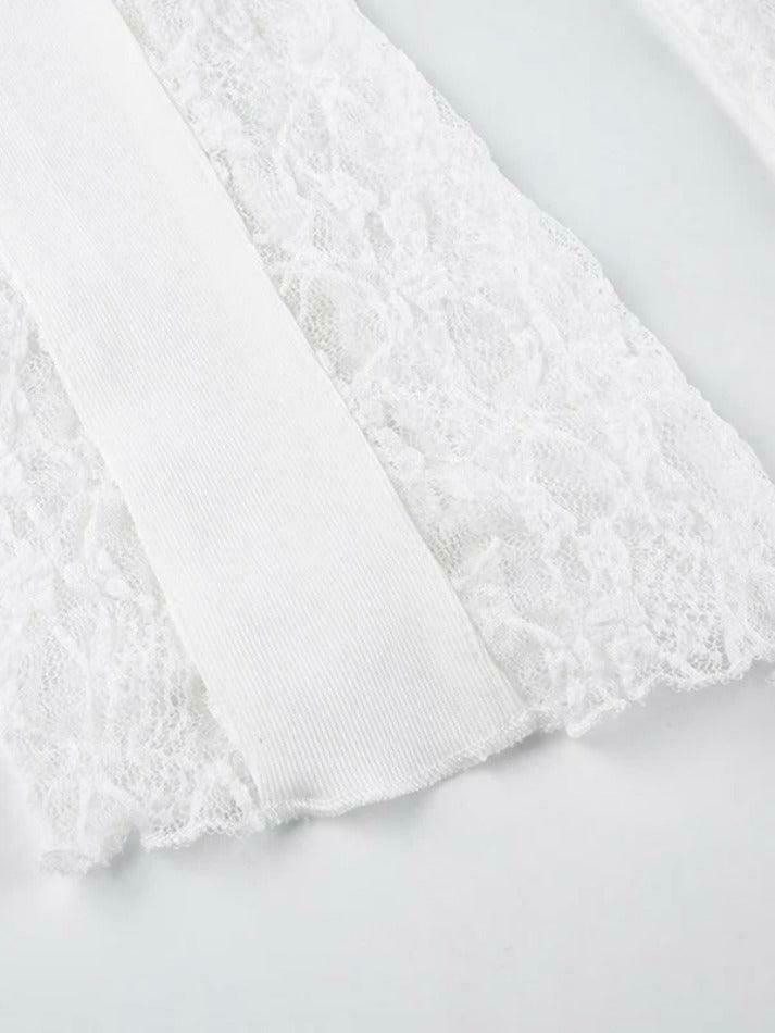 Y2K Aesthetic Lace Splice U Neck Cropped Long Sleeve Tee - Coquette & Grunge Style Women's Y2K Aesthetic Lace Splice U Neck Cropped Long Sleeve Tee - Coquette & Grunge Style Women's