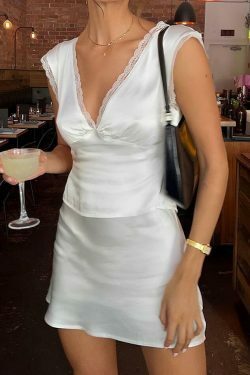 Y2K Aesthetic Lace Trim Satin Skirt Set - Coquette Fashion with Grunge & Pastel Goth Vibes