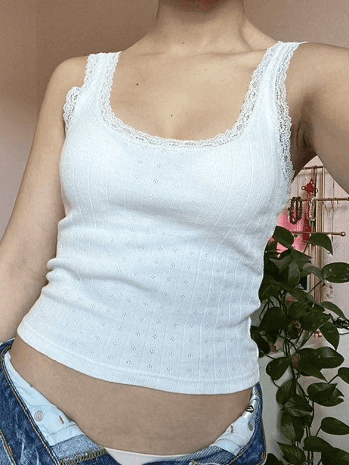 Y2K Aesthetic Lace Trim White Cropped Tank Top - Coquette Grunge Pastel Goth Y2K Aesthetic Lace Trim White Cropped Tank Top - Coquette Grunge Pastel Goth