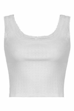 Y2K Aesthetic Lace Trim White Cropped Tank Top - Coquette Grunge Pastel Goth