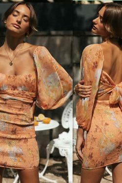 Y2K Aesthetic Lantern Sleeves Open Back Dress for Women - Coquette Style Grunge Fashion