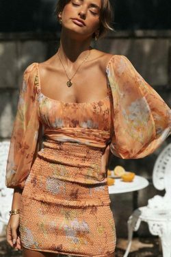 Y2K Aesthetic Lantern Sleeves Open Back Dress for Women - Coquette Style Grunge Fashion