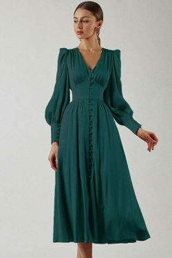 Y2K Aesthetic Lantern Sleeves Satin Dress for Women - Coquette & Grunge Style Fashion