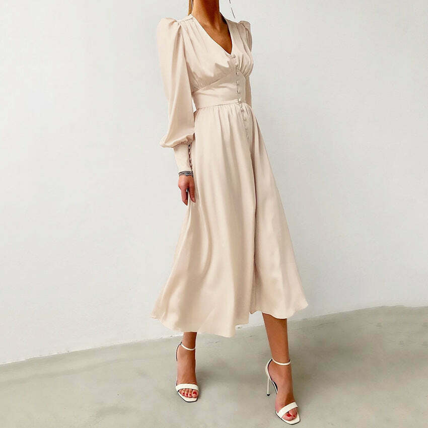 Y2K Aesthetic Lantern Sleeves Satin Dress for Women - Coquette & Grunge Style Fashion Y2K Aesthetic Lantern Sleeves Satin Dress for Women - Coquette & Grunge Style Fashion