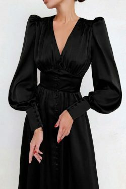 Y2K Aesthetic Lantern Sleeves Satin Dress for Women - Coquette & Grunge Style Fashion