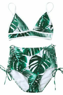 Y2K Aesthetic Leaf High Cut Cami Print Bikini for Niche Women Fashion