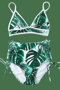 Y2K Aesthetic Leaf High Cut Cami Print Bikini for Niche Women Fashion