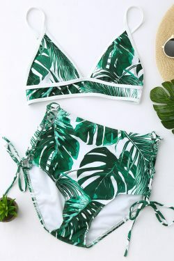 Y2K Aesthetic Leaf High Cut Cami Print Bikini for Niche Women Fashion