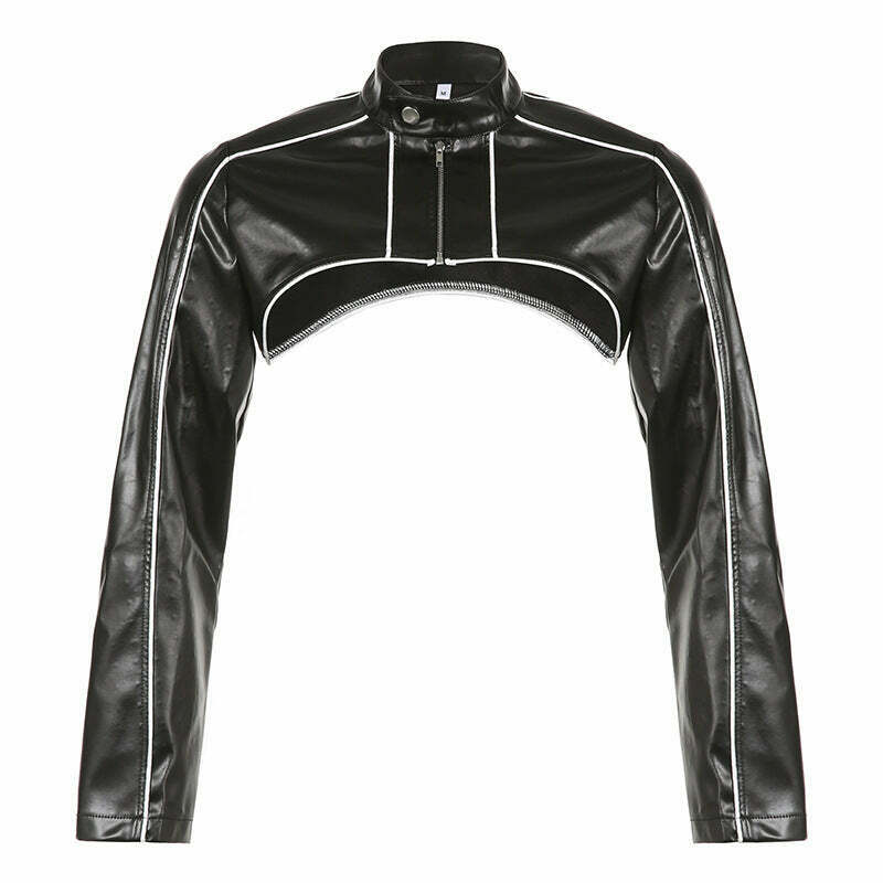 Y2K Aesthetic Leather Short Jacket: Coquette & Grunge Style, Cute Tops, Cargo Skirt, Pastel Goth