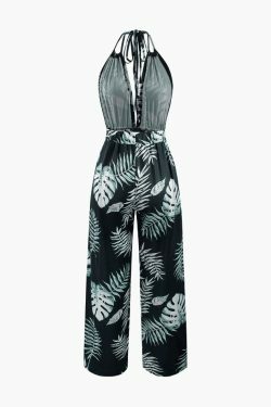 Y2K Aesthetic Leaves Print Halter Backless Jumpsuit for Women - Coquette & Grunge Style Fashion