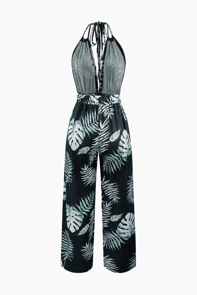 Y2K Aesthetic Leaves Print Halter Backless Jumpsuit for Women - Coquette & Grunge Style Fashion