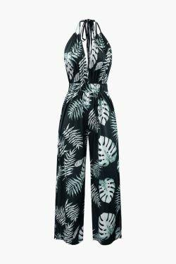 Y2K Aesthetic Leaves Print Halter Backless Jumpsuit for Women - Coquette & Grunge Style Fashion