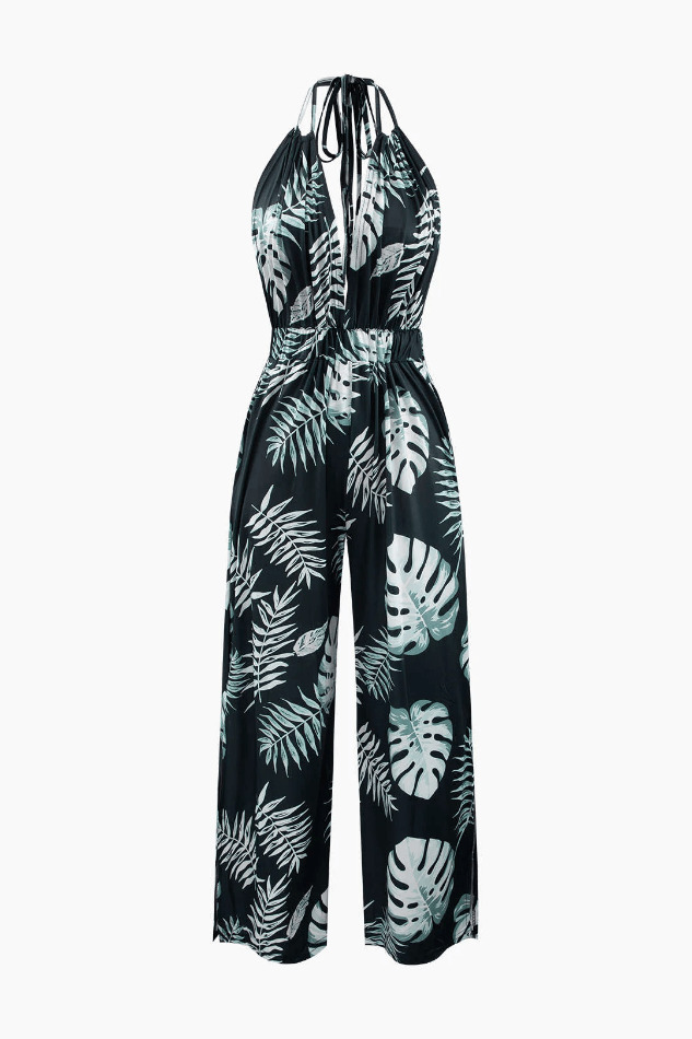 Y2K Aesthetic Leaves Print Halter Backless Jumpsuit for Women - Coquette & Grunge Style Fashion