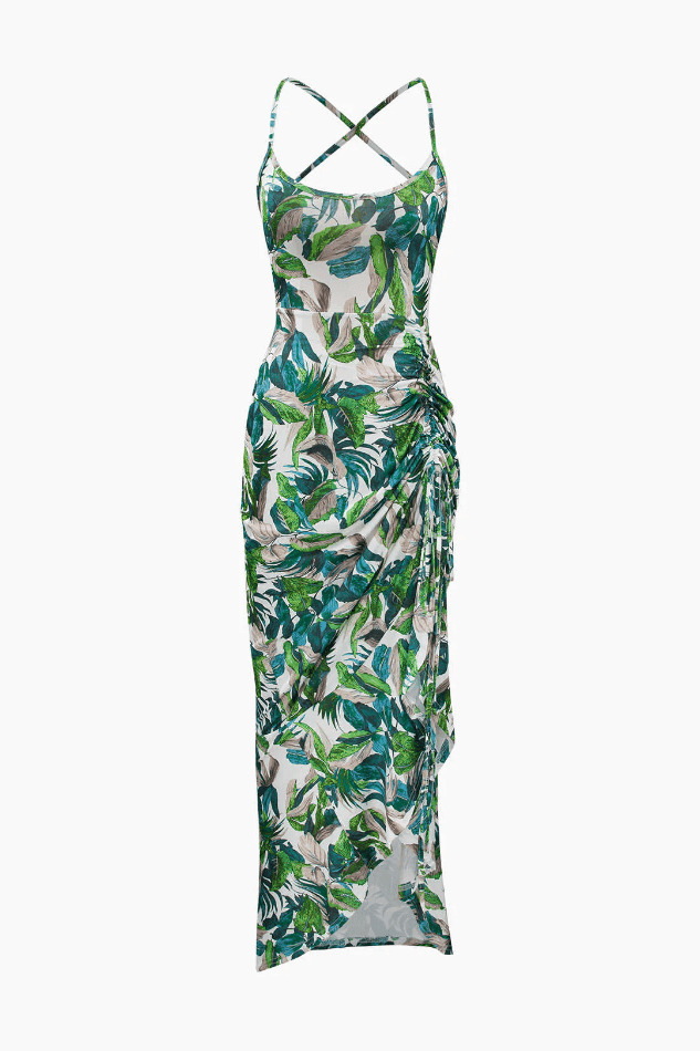 Y2K Aesthetic Leaves Print Midi Dress with Cross Tie Back - Coquette Style for Women's Fashion