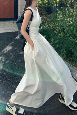 Y2K Aesthetic Leisure Crew Neck Long Dress - Coquette Style for Women's Fashion