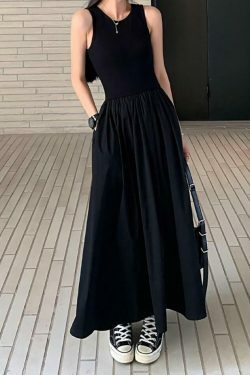 Y2K Aesthetic Leisure Crew Neck Long Dress - Coquette Style for Women's Fashion