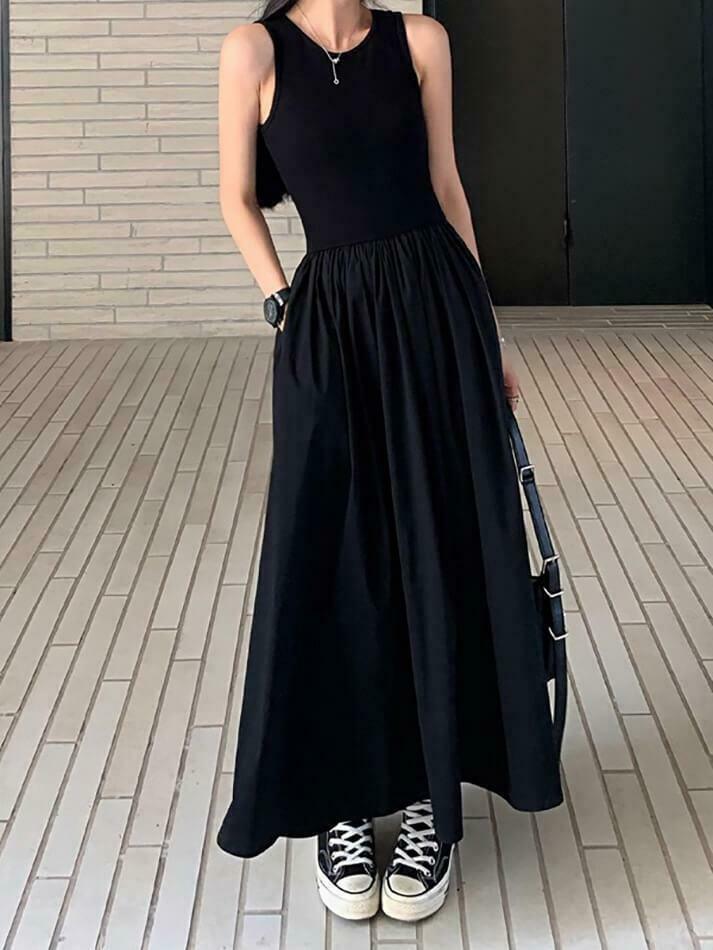 Y2K Aesthetic Leisure Crew Neck Long Dress - Coquette Style for Women's Fashion Y2K Aesthetic Leisure Crew Neck Long Dress - Coquette Style for Women's Fashion