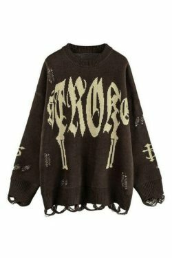 Y2K Aesthetic Letter Jacquard Pullover Sweater with Ripped Holes - Women's Fashion