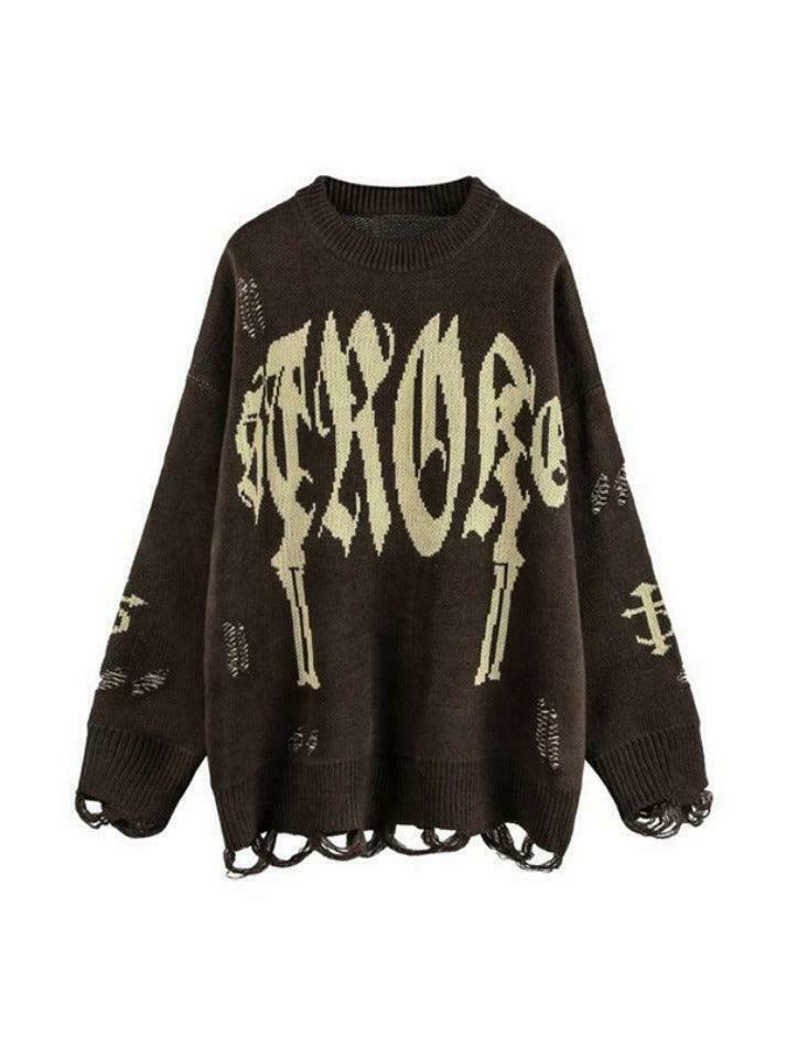 Y2K Aesthetic Letter Jacquard Pullover Sweater with Ripped Holes - Women's Fashion