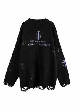 Y2K Aesthetic Letter Jacquard Pullover Sweater with Ripped Holes - Women's Fashion
