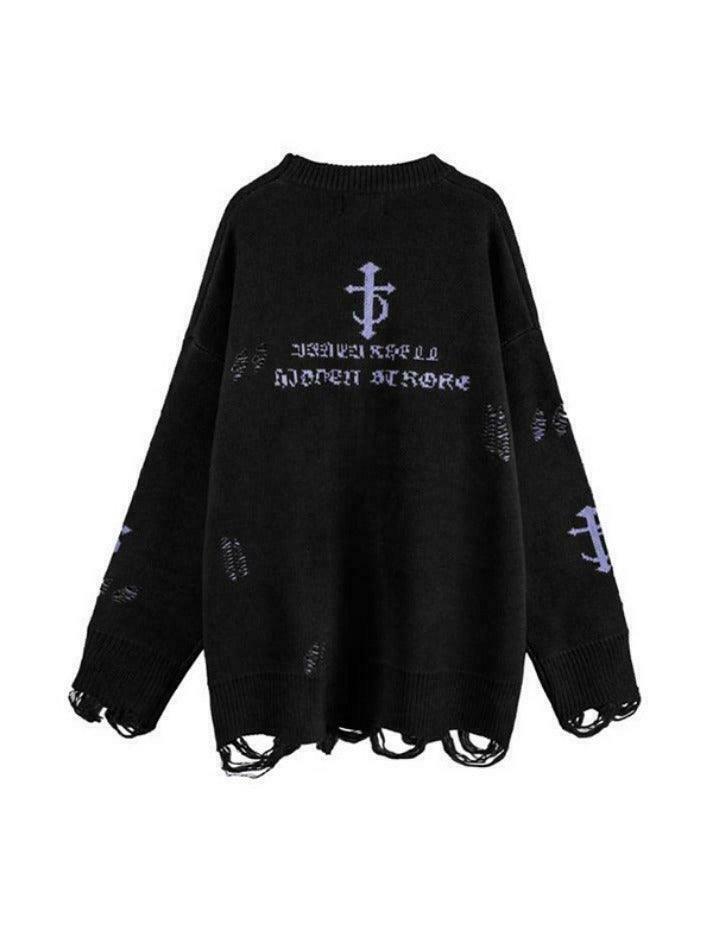 Y2K Aesthetic Letter Jacquard Pullover Sweater with Ripped Holes - Women's Fashion