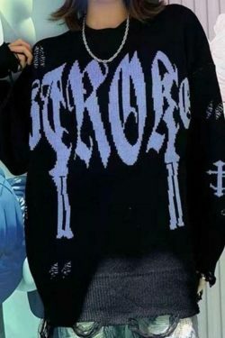Y2K Aesthetic Letter Jacquard Pullover Sweater with Ripped Holes - Women's Fashion