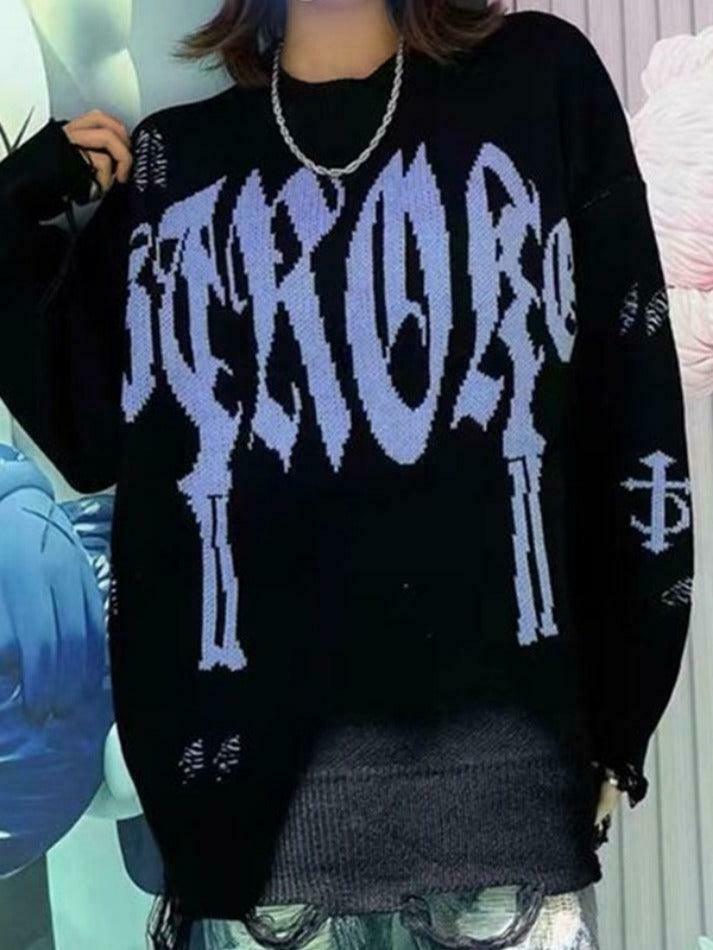 Y2K Aesthetic Letter Jacquard Pullover Sweater with Ripped Holes - Women's Fashion