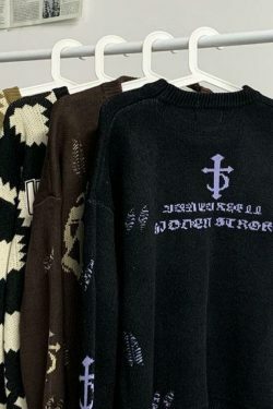 Y2K Aesthetic Letter Jacquard Pullover Sweater with Ripped Holes - Women's Fashion