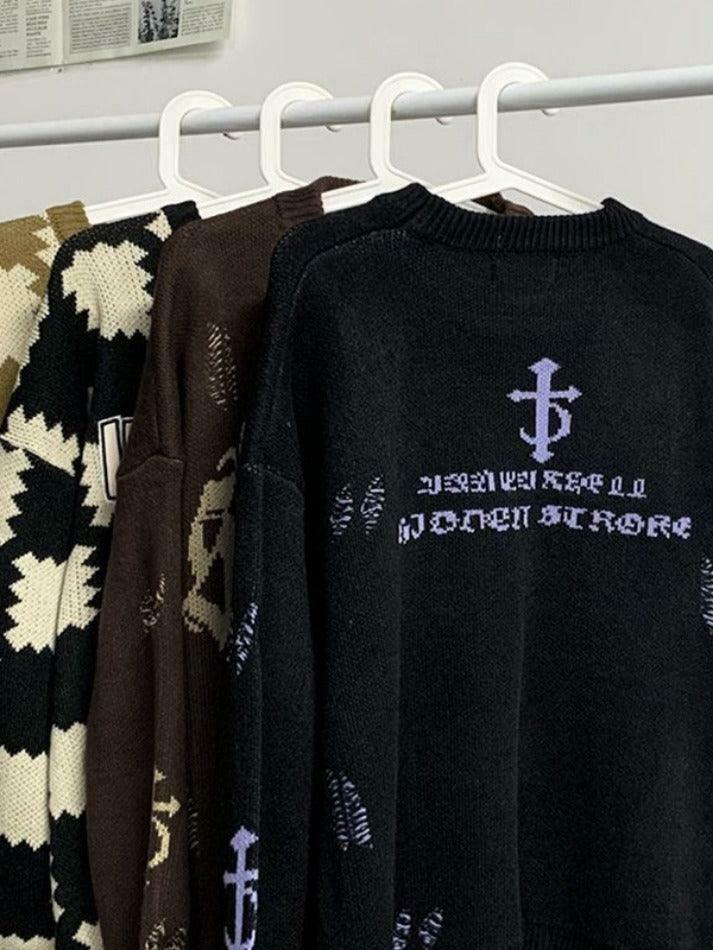 Y2K Aesthetic Letter Jacquard Pullover Sweater with Ripped Holes - Women's Fashion