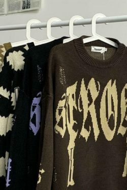 Y2K Aesthetic Letter Jacquard Pullover Sweater with Ripped Holes - Women's Fashion