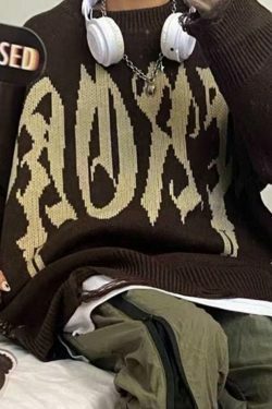 Y2K Aesthetic Letter Jacquard Pullover Sweater with Ripped Holes - Women's Fashion